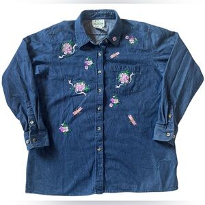 The Quacker Factory Embroidered Dragonfly Floral Denim Button Shirt Cottagecore